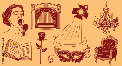 Vintage illustration of theatrical elements including a singer microphone stage spotlight chandelier mask armchair rose and program book