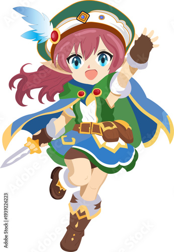 Cute Anime Girl Warrior Character with Sword Cartoon Vector
