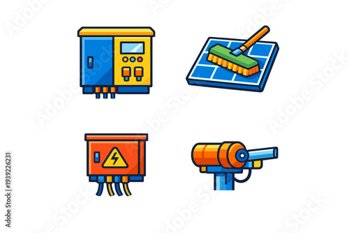 This set of four flat vector icons includes an electrical inverter, a solar panel with a cleaning brush, a high-voltage fuse box, and a pressure washer on a black background.