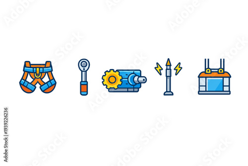 A set of five industrial icons featuring a safety harness, a socket wrench, a mechanical gearbox with a gear, a lightning rod with sparks, and a suspended work platform on a black background.