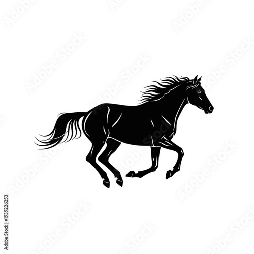 A black silhouette of a horse running with a flowing mane and tail on a white background