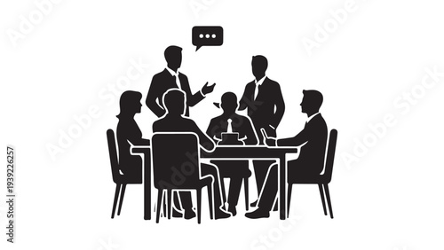 Flat Design Business Team Meeting with Presenter and Whiteboard Vector Illustration