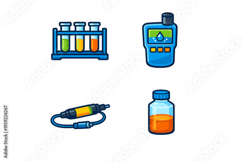 A set of four scientific laboratory icons featuring test tubes in a rack, a digital water quality meter, a sensor probe with a cable, and a glass vial filled with orange liquid.