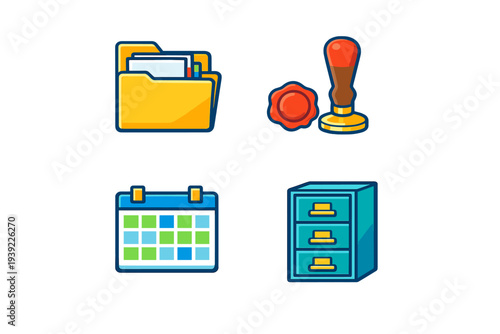 This illustration features four office-themed icons: a yellow document folder, a red wax seal with a stamp, a blue calendar, and a blue filing cabinet on a black background.