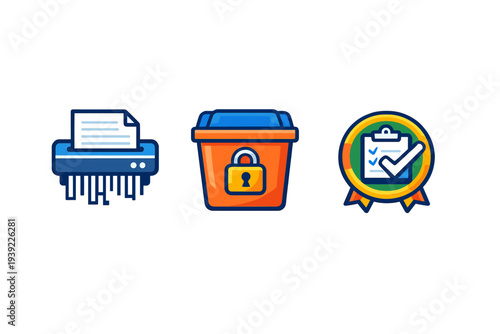 Three colorful icons representing data security and document management, featuring a paper shredder, a locked storage bin, and a verified checklist badge on a black background.