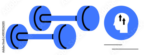 Fitness concept. Fitness ed by dumbbells and mental growth by an arrow in a head profile icon. Fitness involves physical health and personal development. For wellness, mental health, exercise