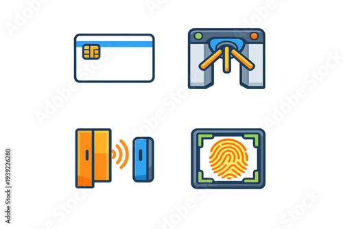 A collection of four security and access control icons including a chip card, a turnstile gate, a contactless sensor, and a biometric fingerprint scanner in a flat vector style.