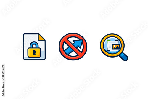 A set of three digital icons featuring a locked file, a prohibited upward arrow, and a magnifying glass scanning a document, all presented on a solid black background.