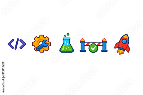 A set of five colorful icons on a black background representing software development stages including coding, configuration, testing, quality assurance, and final product launch.