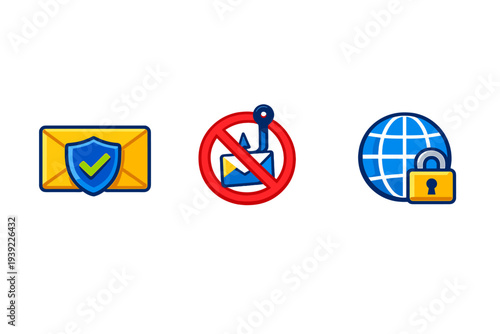 Three digital security icons featuring a protected envelope with a shield, a prohibited phishing hook over a message, and a locked globe, illustrated in a flat style on a black background.