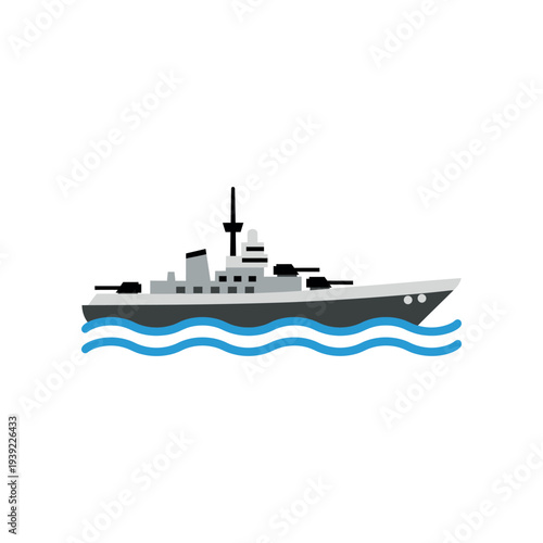 Military Naval Ship on Water Waves.