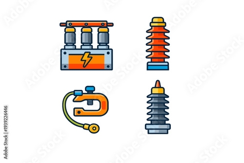 This set features four colorful vector icons of electrical components like a transformer with a lightning bolt, high voltage insulators, and a grounding clamp on black.