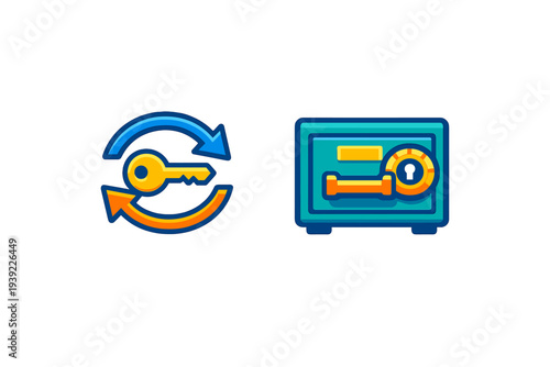 This vector graphic shows a yellow key with rotating arrows and a teal metal safe box, symbolizing data protection, security measures, and password recovery processes.