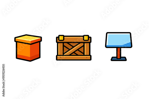A collection of three digital game assets featuring an orange storage box, a reinforced wooden crate, and a blue display screen, all rendered with bold outlines on a black backdrop.