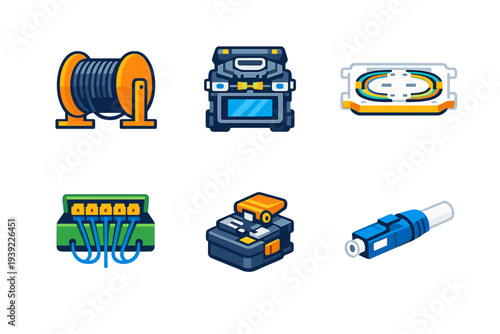 A collection of six flat vector icons representing fiber optic networking equipment including a cable reel, fusion splicer, splice tray, patch panel, cleaver, and connector on a black background.