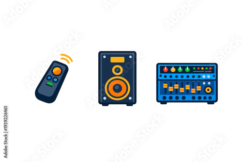 A flat illustration featuring a wireless remote control, a loudspeaker, and a professional audio mixer console with various knobs and sliders on a dark background.