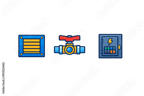 A set of three stylized utility icons featuring a blue ventilation grate, a red water valve on a pipe, and a gray electrical panel with a lightning bolt symbol.
