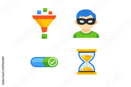 A collection of four colorful flat icons on a black background featuring a data funnel, a masked person, a completed progress bar, and a classic hourglass with sand.