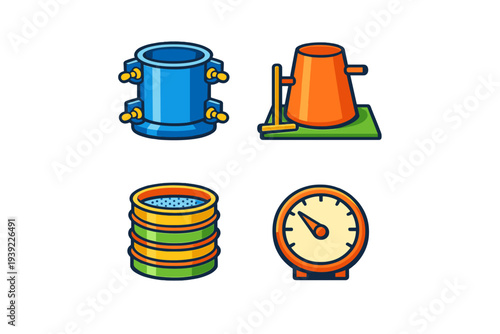 A set of four flat vector icons featuring civil engineering laboratory equipment for testing materials like concrete, including a slump cone, cylinder mold, sieves, and a pressure gauge.