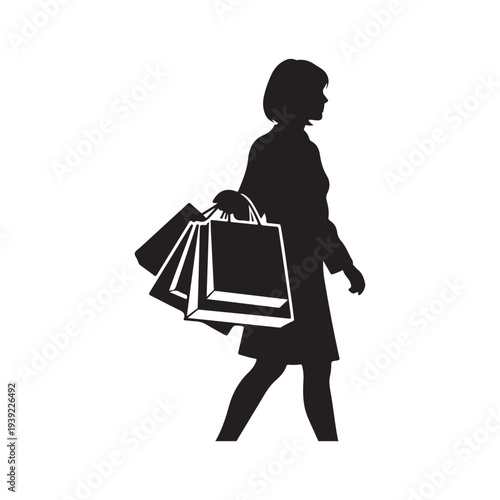 Minimalist Black Shopping Bag Vector Illustration with Silhouette Woman Walking for Retail and E-Commerce Design