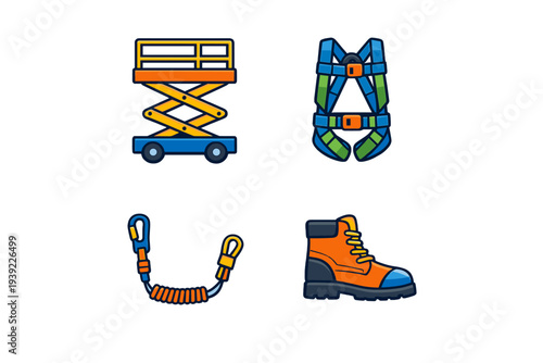 A collection of four construction safety equipment icons including a scissor lift, a full-body harness, a shock-absorbing lanyard, and a protective work boot on a black background.