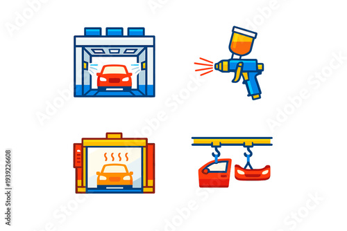 This set of four flat vector icons depicts automotive service stages such as spray painting, car washing, heat drying, and vehicle parts on a conveyor belt system.