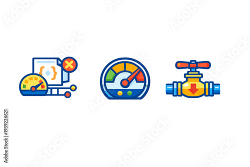 Three colorful flat icons representing technical concepts like system monitoring, performance speedometers, and industrial pipe valves on a solid black background.