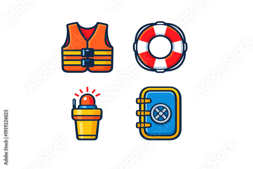 A set of four maritime safety icons featuring an orange life jacket, a red and white lifebuoy, an emergency beacon light, and a blue watertight hatch door on a black background.