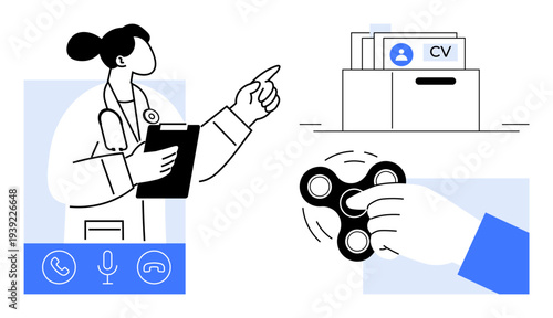 Job application process. Elements depict online communication tools, resume storage, and a stress-relief spinner. Job application workflow, digital recruitment, and work-life balance in hiring. Ideal