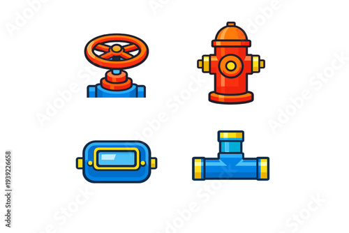 This set of four colorful icons includes a red valve wheel, an orange fire hydrant, a blue water meter, and a blue T-shaped pipe fitting, all presented on a solid black background.
