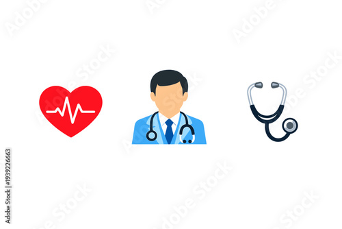 Three medical icons including a red heart with a heartbeat line, a male doctor avatar wearing a blue coat and stethoscope, and a separate black stethoscope on a dark background.