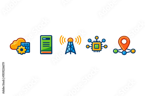 A set of five colorful technology icons including a cloud server, data storage, signal antenna, microchip, and location pin, displayed in a horizontal row on a black background.