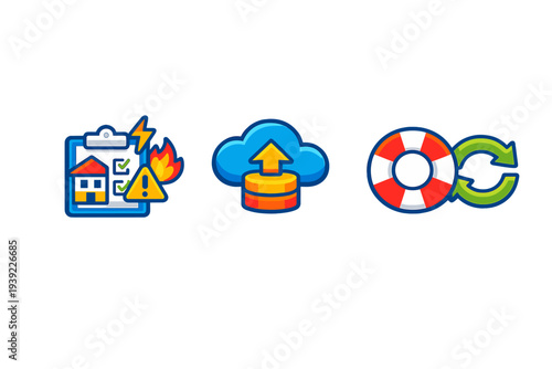 A collection of three vibrant cartoon icons depicting disaster recovery planning, cloud data storage backup, and business continuity services on a solid black background.