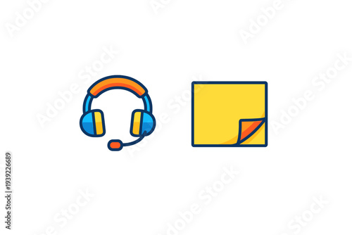 A flat illustration featuring a blue and orange headset with a microphone next to a yellow sticky note with a curled corner, all set against a solid black background.