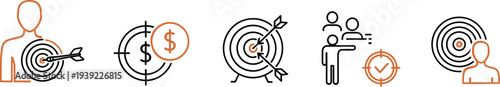 Target marketing and financial goals concept with various outline icons of people and targets