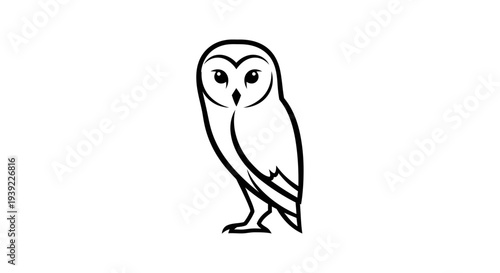 Elegant black and white line art illustration of a standing owl, simple nature animal design element, vector graphic for wisdom and knowledge concept.