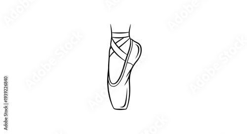 Elegant Ballet Dancer's Foot in Pointe Shoe Line Art Illustration, Graceful Monochrome Drawing of Classic Dance Footwear