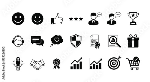 Collection of black icons representing positive concepts and services silhouette