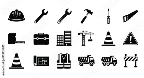 Construction tools buildings and safety equipment in black silhouette
