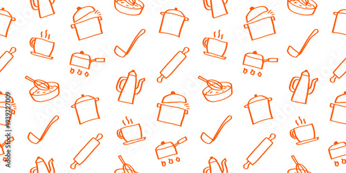 Seamless kitchen pattern with rolling pin, whisk, ladle, teapot, and boiling pot. Hand drawn doodle for baking and cooking.
