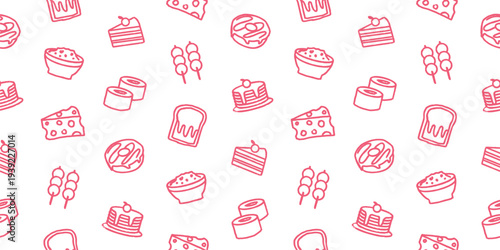 Seamless pattern with cake, toast, sushi, skewer, cheese, and dessert icons. Hand drawn doodle food for cafe and bakery.
