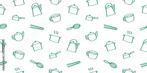 Seamless kitchen pattern with teapot, boiling pot, whisk, and chopsticks icons. Hand drawn doodle for cooking and cafe.