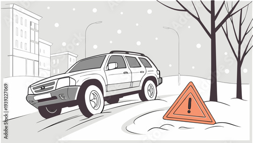 Car Driving on Snowy Road with Warning Sign.