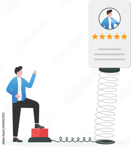Businessman Jumping on Spring to Reach High Profile Rating