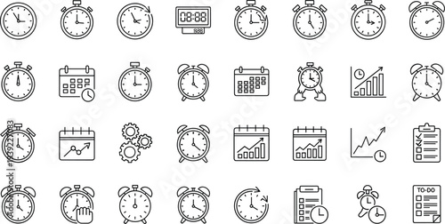 Set of black line vector icons for time management, alarm clock, calendar, and schedule