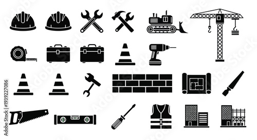 Construction tools and equipment in a black graphic silhouette