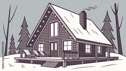 Cozy winter cabin nestled in a snowy forest landscape.