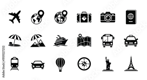 Collection of travel icons including planes maps and landmarks silhouette