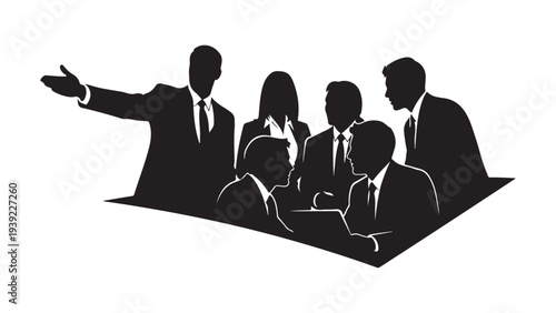 Flat Design Business Team Meeting Vector Illustration with Leader Presenting to Group of Professionals