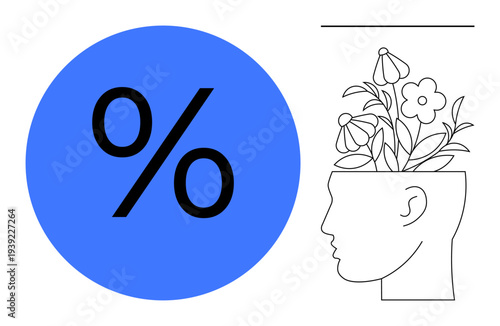 Profile of a human head with blossoming flowers symbolizing creativity next to a percentage sign in a blue circle. Ideal for creativity, growth, mental health, learning, mindfulness, education